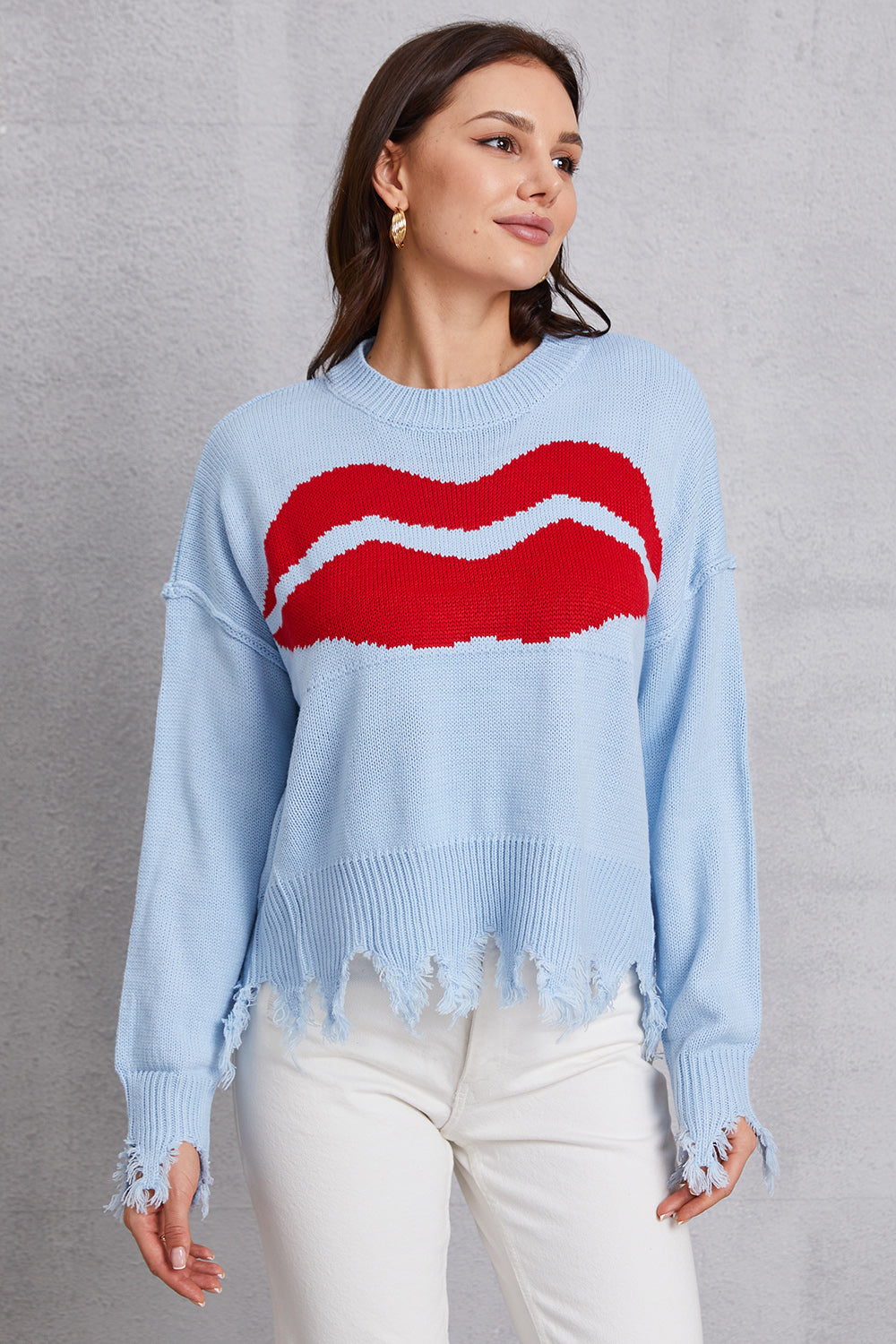 Lip Fringe Round Neck Sweater Light Blue