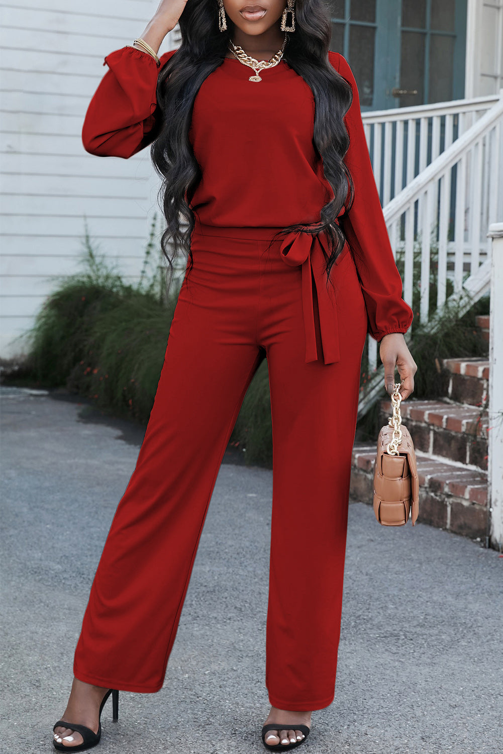 Boat Neck Tie Belt Jumpsuit Deep Red