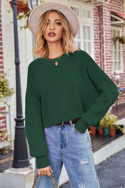 Round Neck Drop Shoulder Long Sleeve Sweater Dark Green