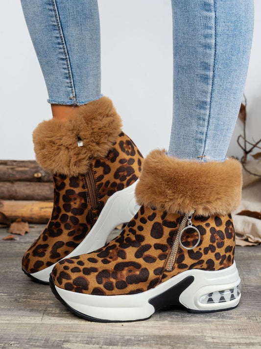 Side Zipper Leopard Platform Boots Brown