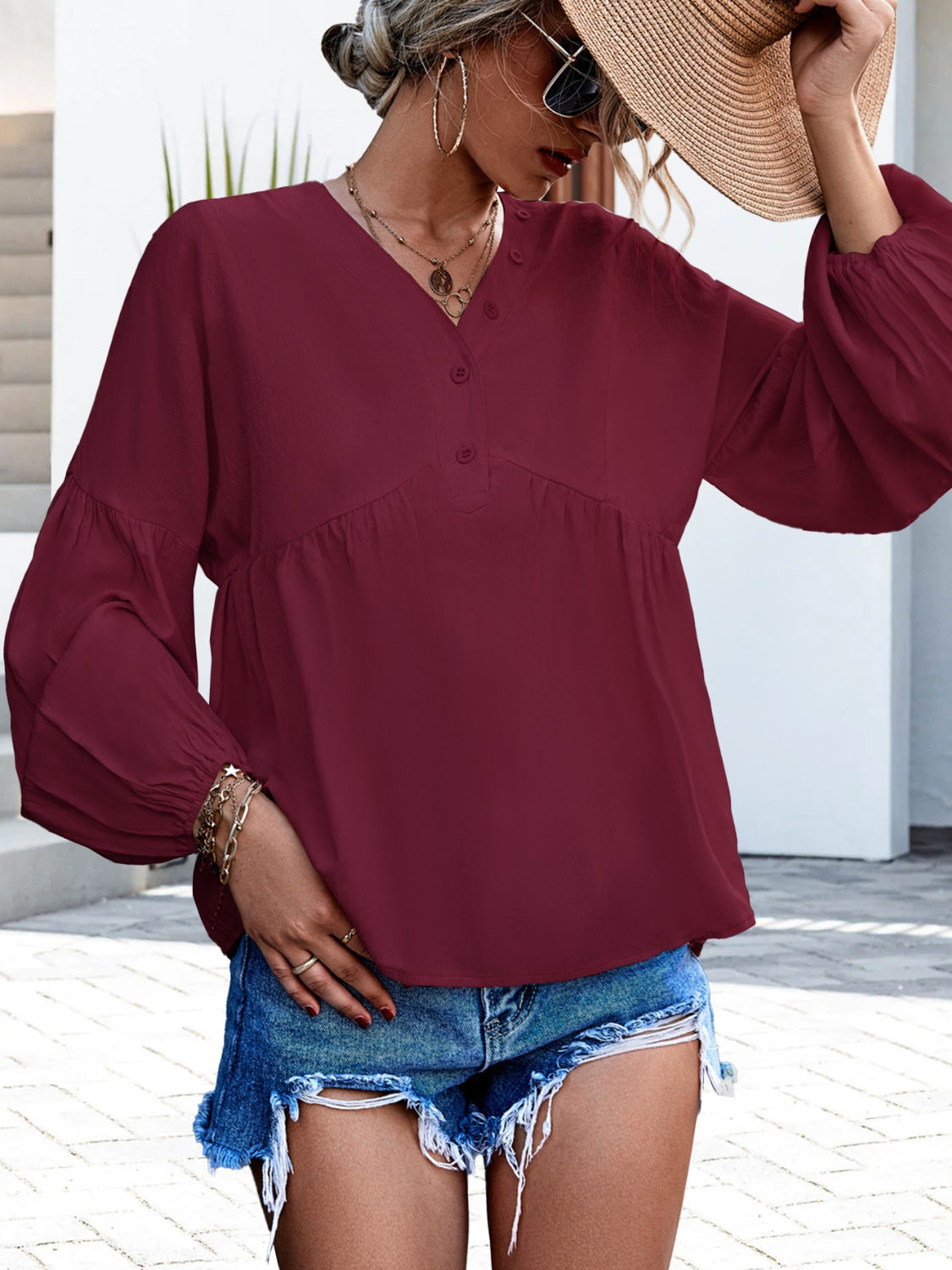 V-Neck Buttoned Balloon Sleeve Blouse Wine