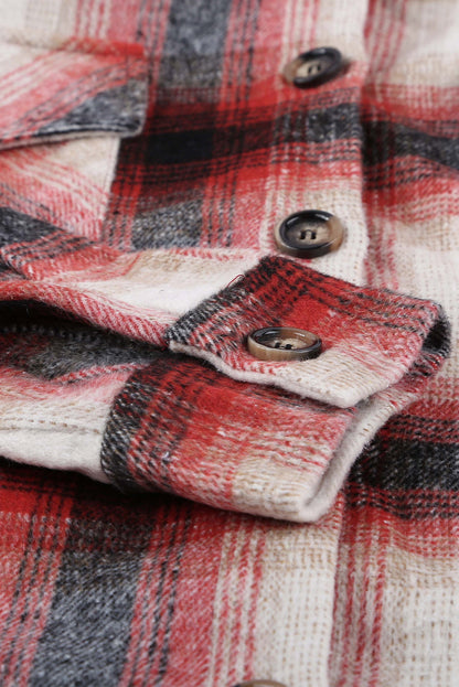 Red Turn down Neck Plaid Pocket Button Closure Coat