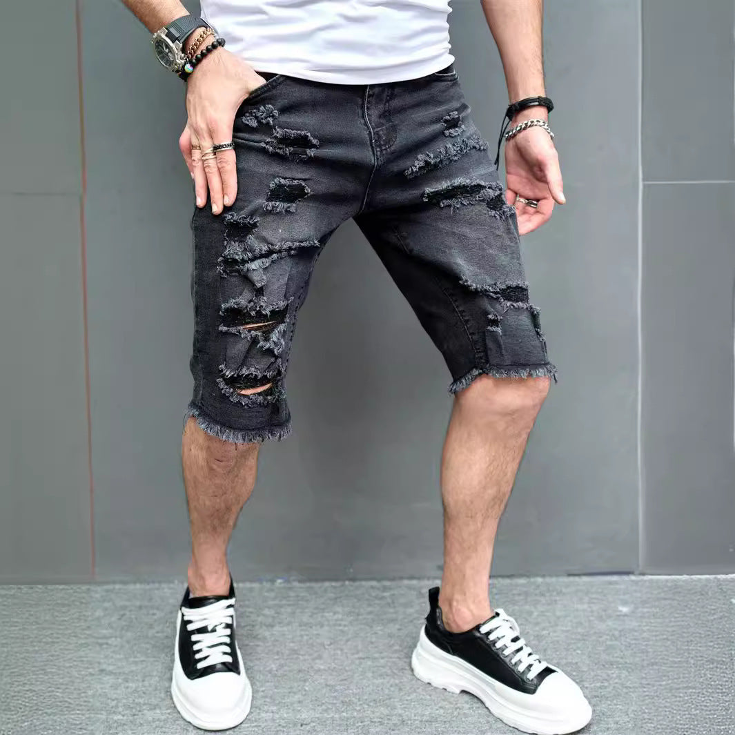 New Men's Five-point Slim Fit Skinny Scrape Denim Shorts