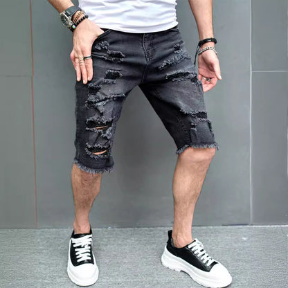 New Men's Five-point Slim Fit Skinny Scrape Denim Shorts