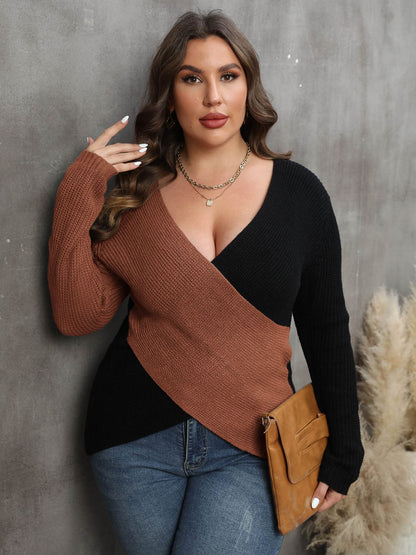 Plus Size Two-Tone Surplice Neck Sweater Caramel