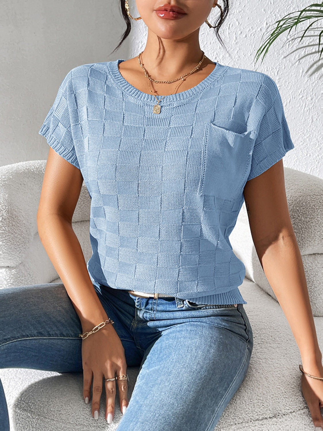 Round Neck Short Sleeve Knit Top Light Blue