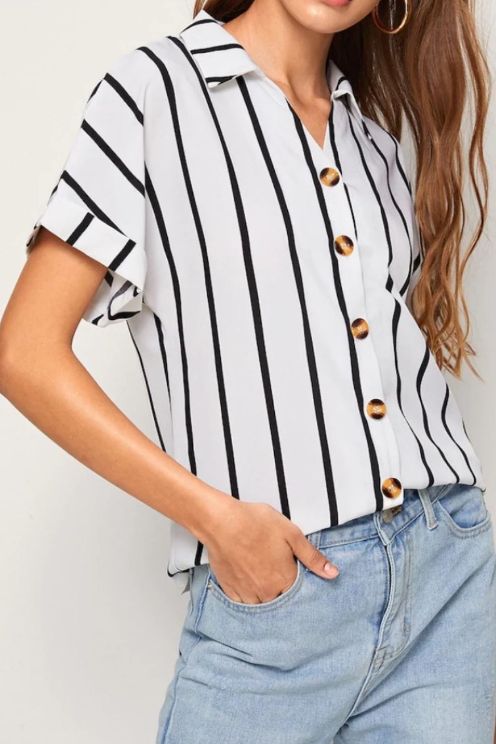 Striped Button Up Short Sleeve Shirt White