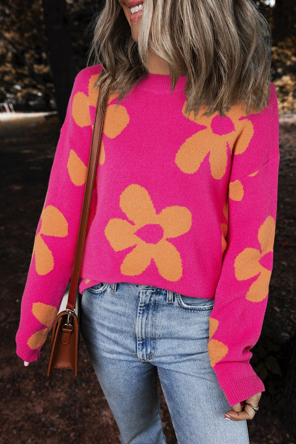 Flower Round Neck Long Sleeve Sweater Cerise