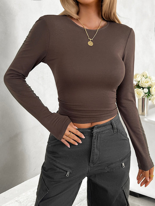 Round Neck Long Sleeve T-Shirt Brown
