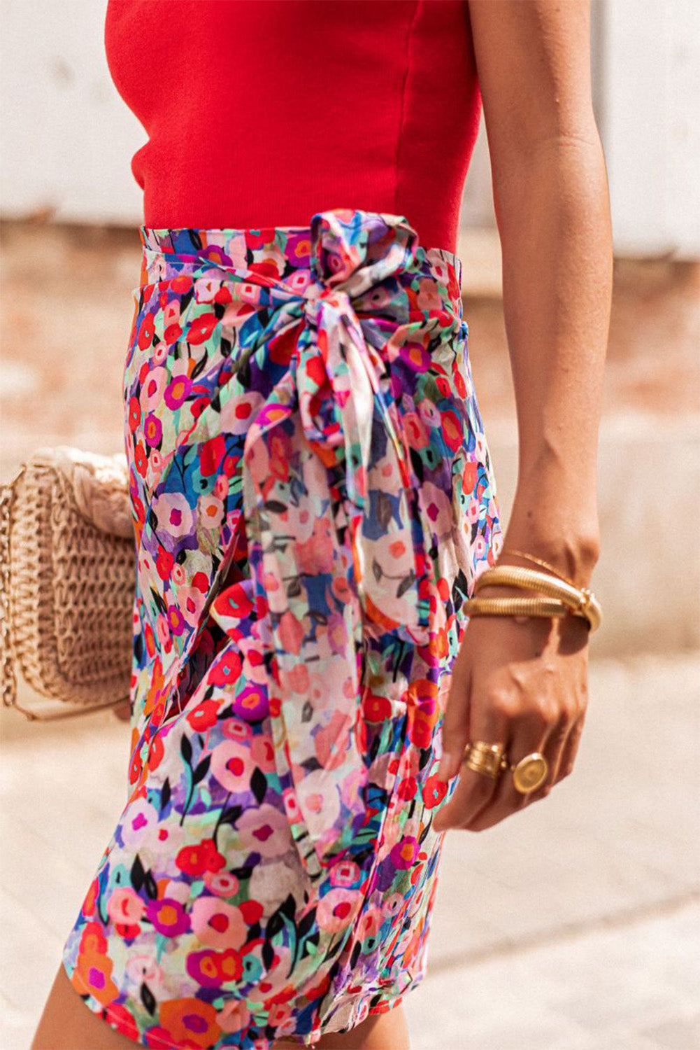 Red Floral Wrapped Lace up Mini Skirt