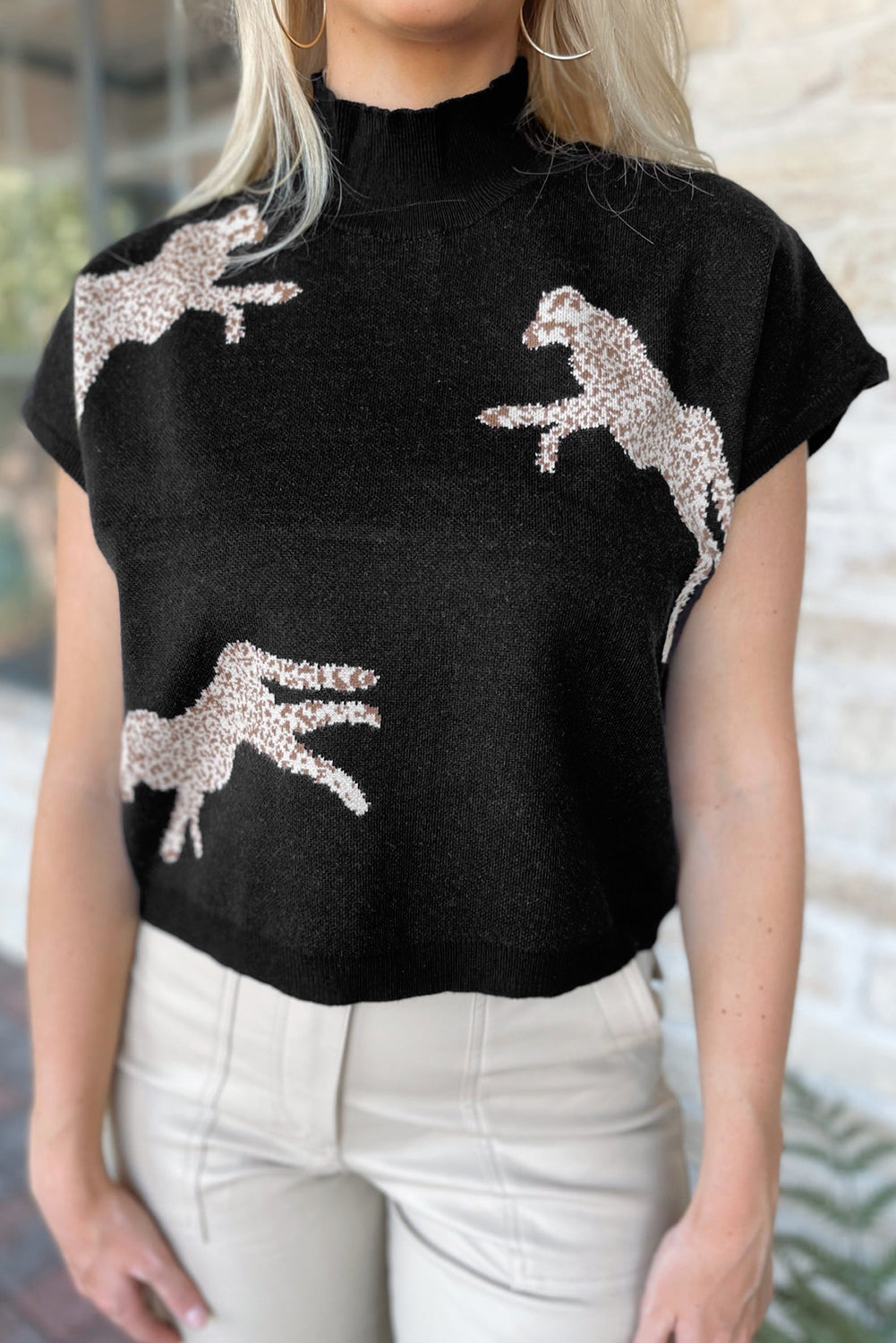 Animal Graphic Mock Neck Cap Sleeve Sweater Black