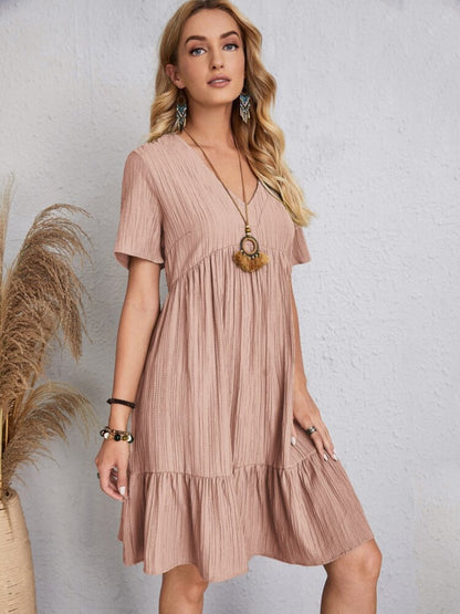 Full Size V-Neck Short Sleeve Dress Apricot