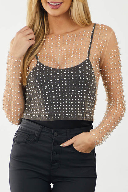 Apricot Pearl and Rhinestone Detail Sheer Mesh Top Apricot 95%Polyester+5%Elastane