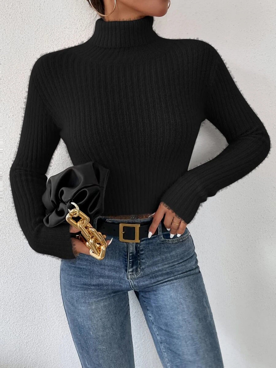 Ribbed Turtleneck Long Sleeve Sweater Black