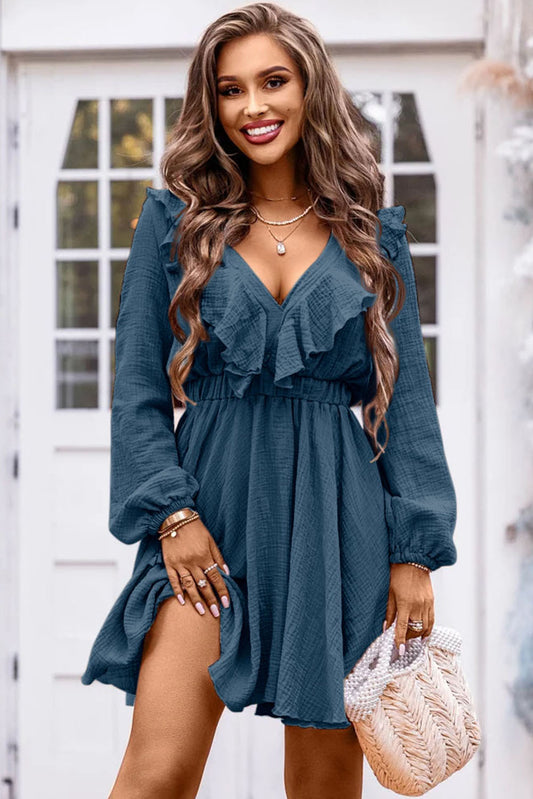 Ruffle Trim V-Neck Long Sleeve Mini Dress Dark Blue