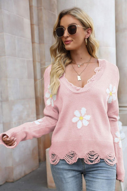 Flower Distressed Ribbed Trim Sweater Pink