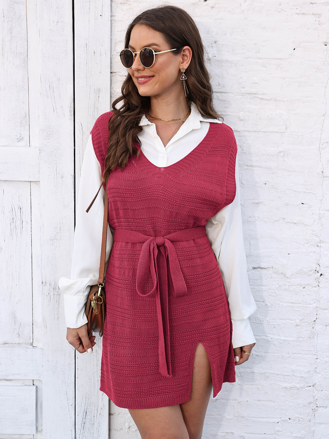 Tie Front V-Neck Sleeveless Slit Sweater Dress Deep Red