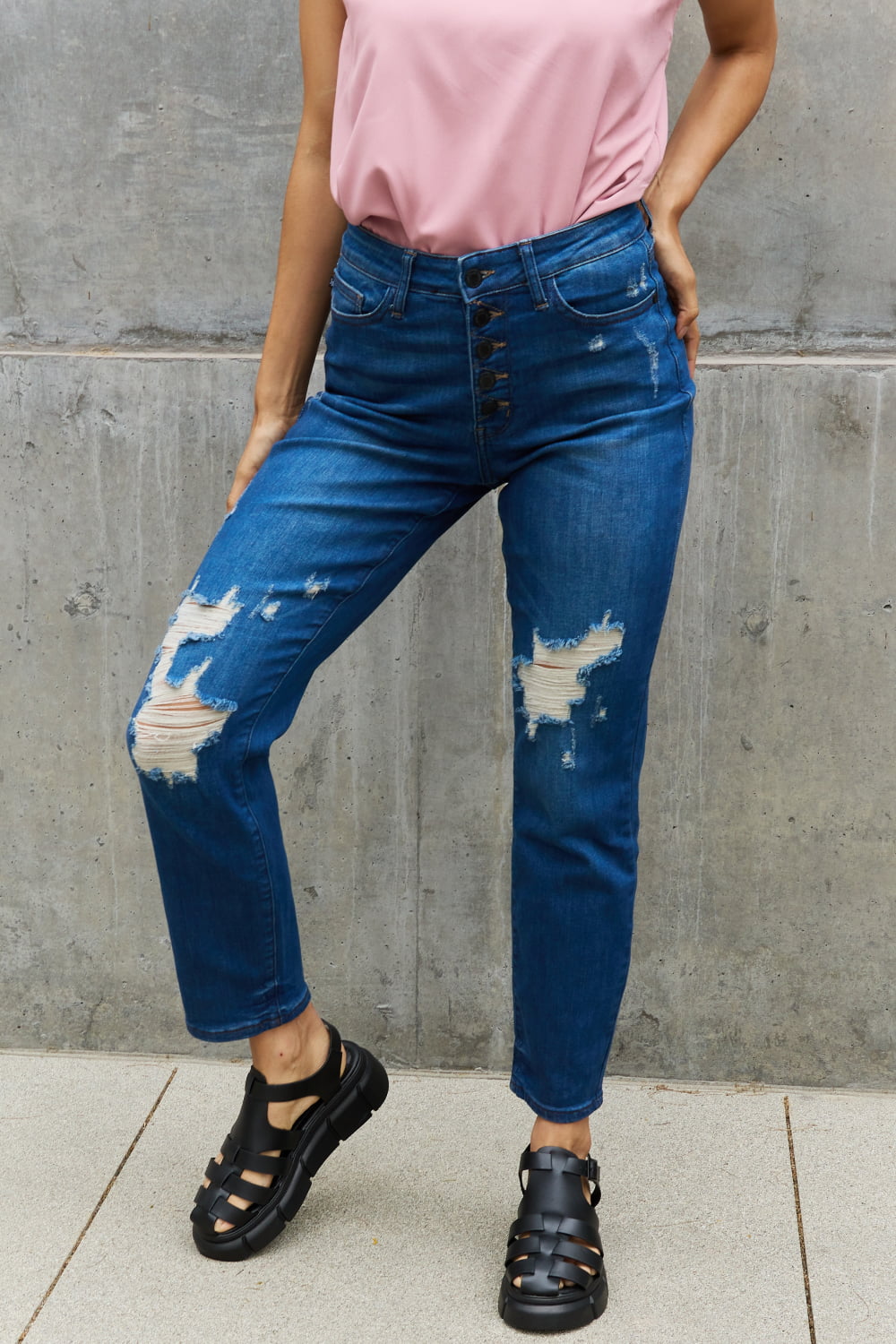 Judy Blue Melanie Full Size High Waisted Distressed Boyfriend Jeans Dark