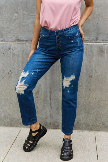 Judy Blue Melanie Full Size High Waisted Distressed Boyfriend Jeans Dark