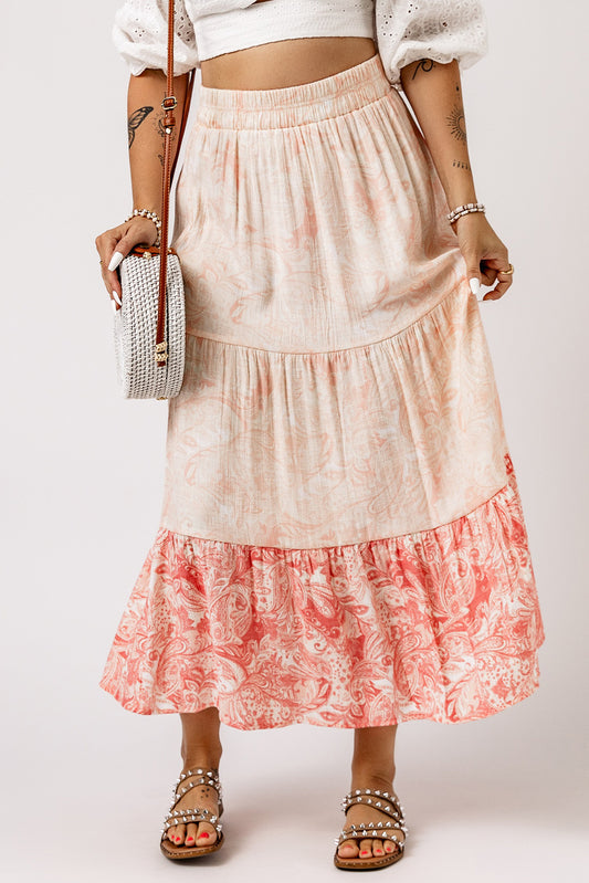 Floral Color Block Tiered Skirt Apricot