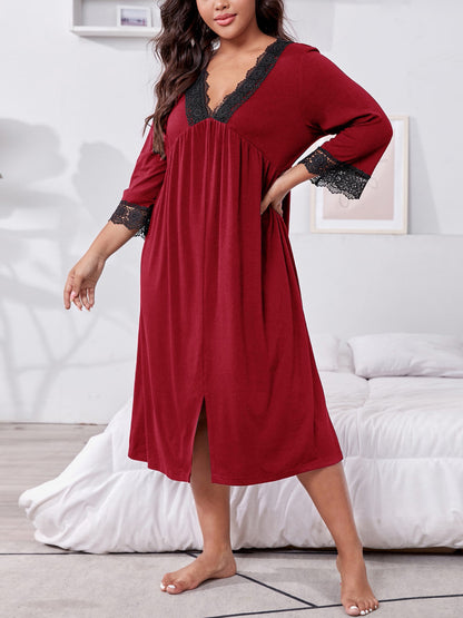 Plus Size Lace Detail V-Neck Lounge Dress Deep Red