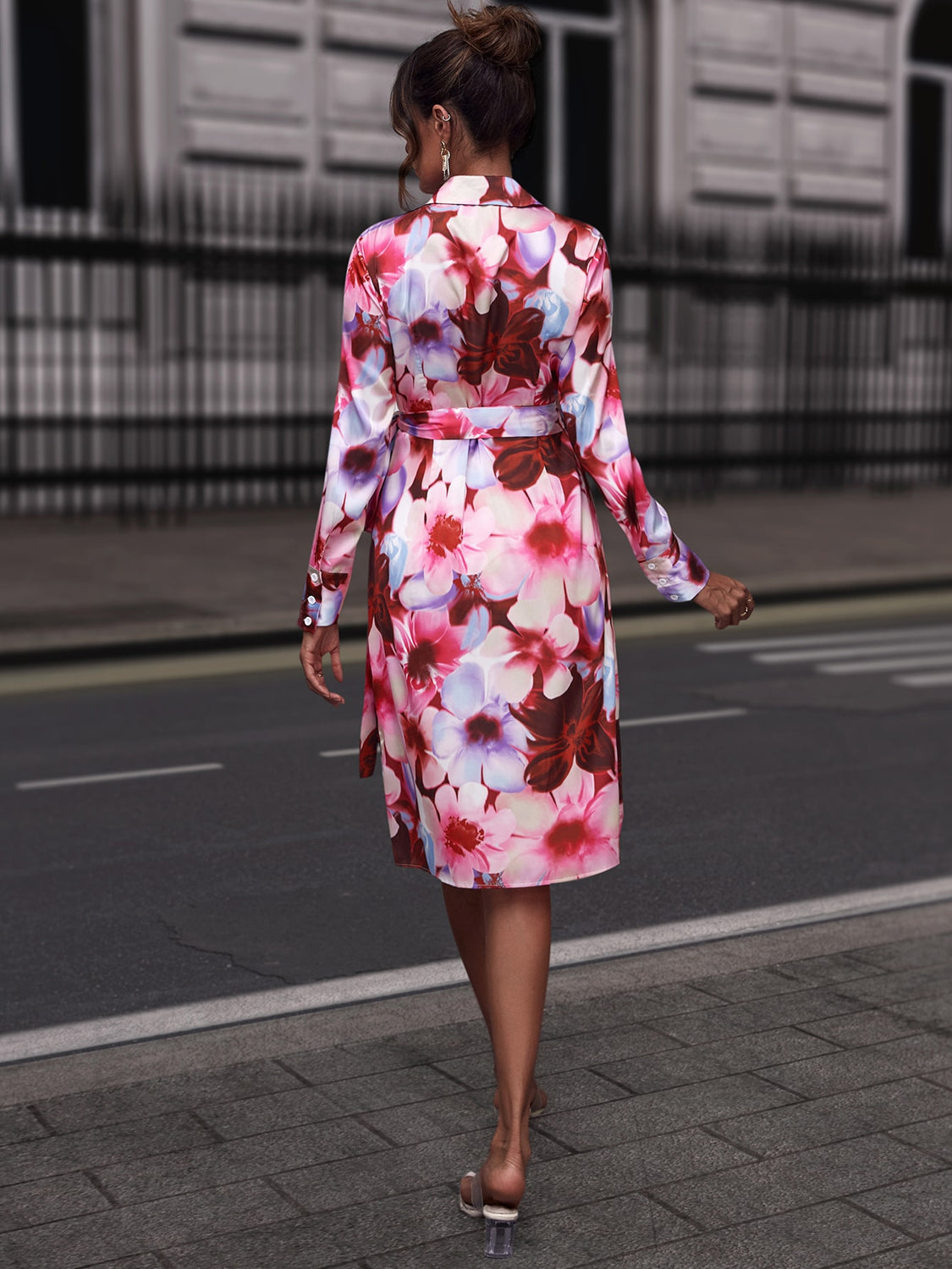 Floral Print Collared Neck Slit Dress