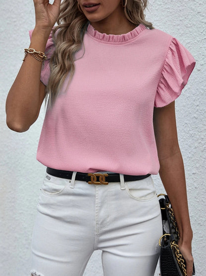 Mock Neck Ruffled Cap Sleeve Blouse Blush Pink