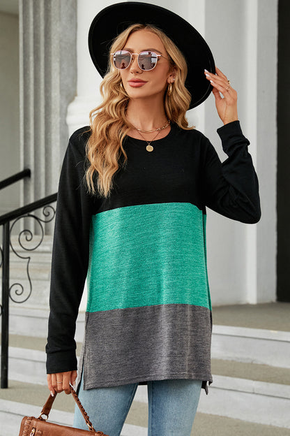 Color Block Round Neck Long Sleeve T-Shirt