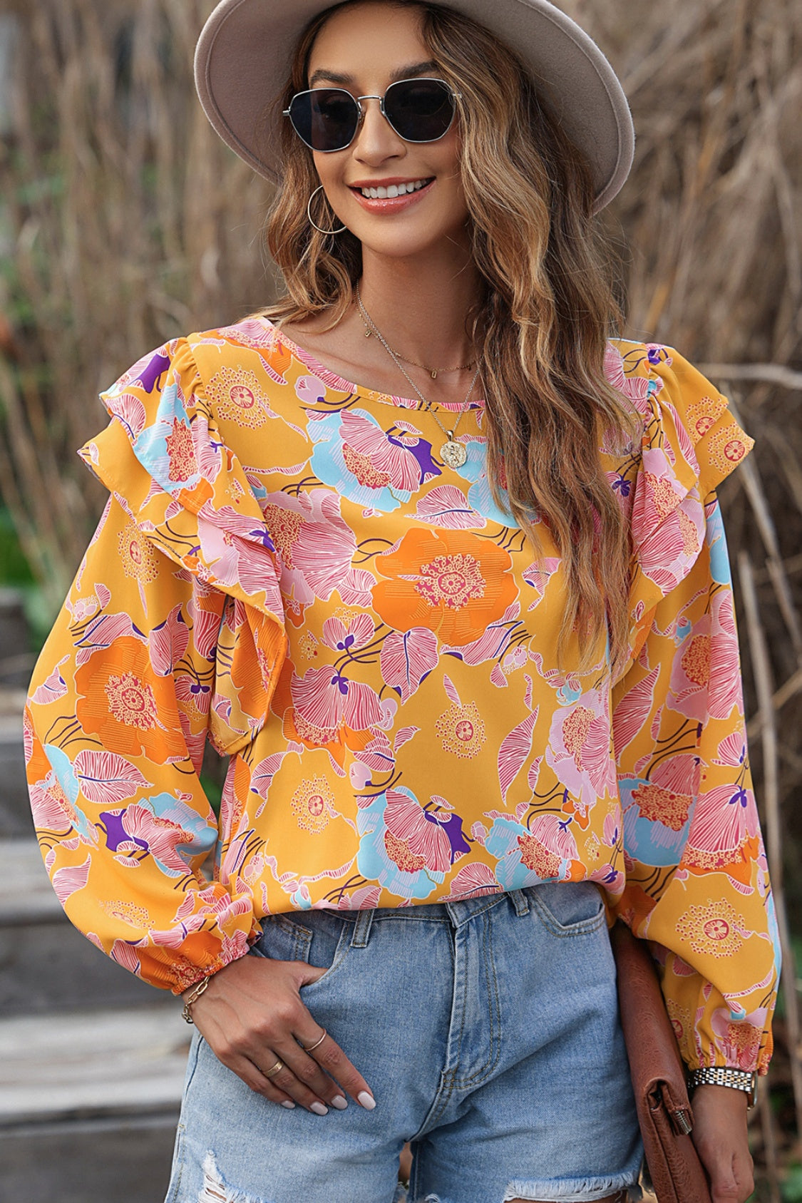 Floral Print Ruffle Puff Sleeve Blouse