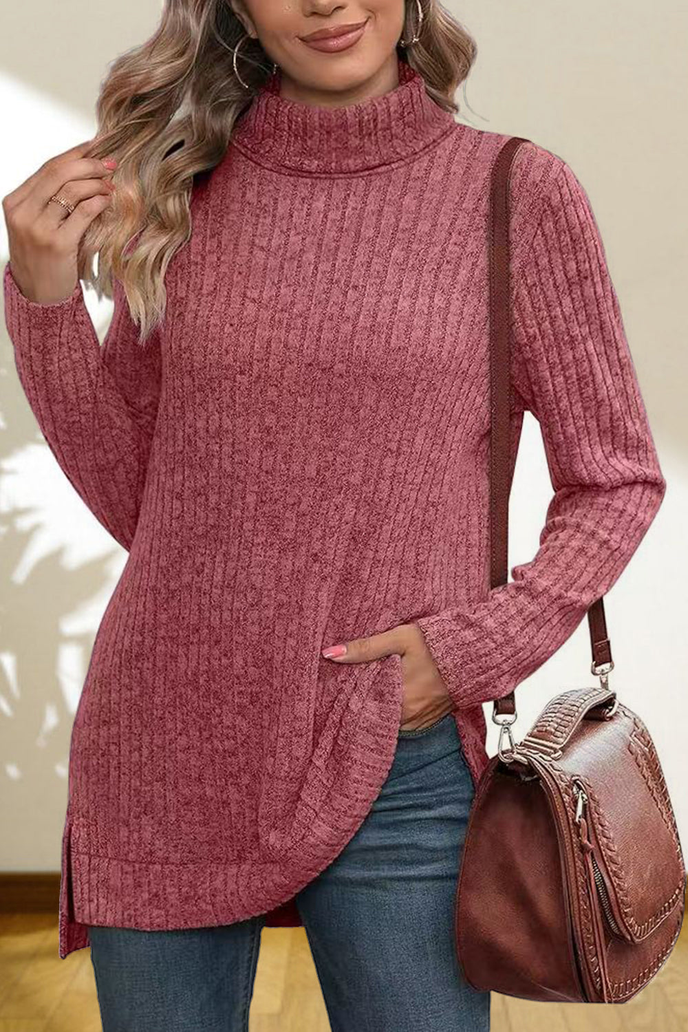 Turtleneck High Low Top Cerise