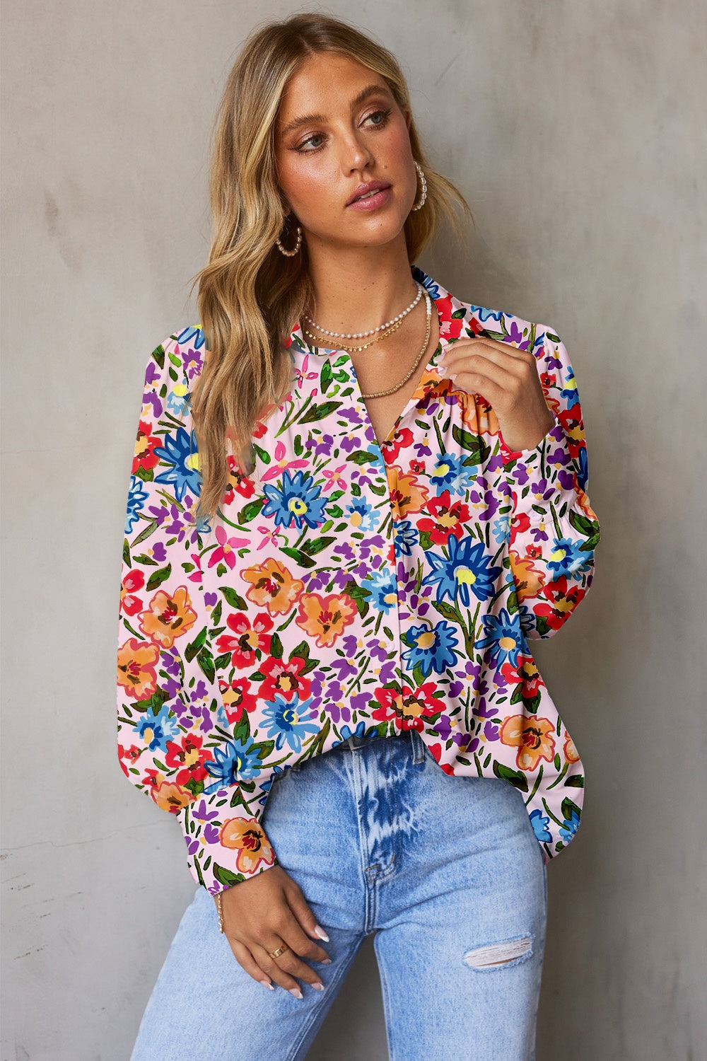 Printed Collared Neck Long Sleeve Shirt Floral