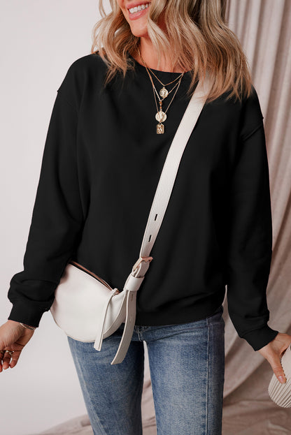 Black Solid Fleece Lined Drop Shoulder Terry Sweatshirt