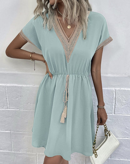 Contrast V-Neck Tassel Tie Dress Aqua