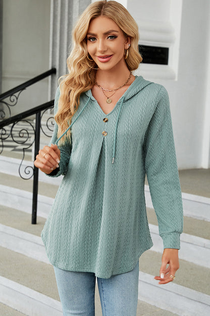 Decorative Button Drawstring Long Sleeve Hoodie Light Green