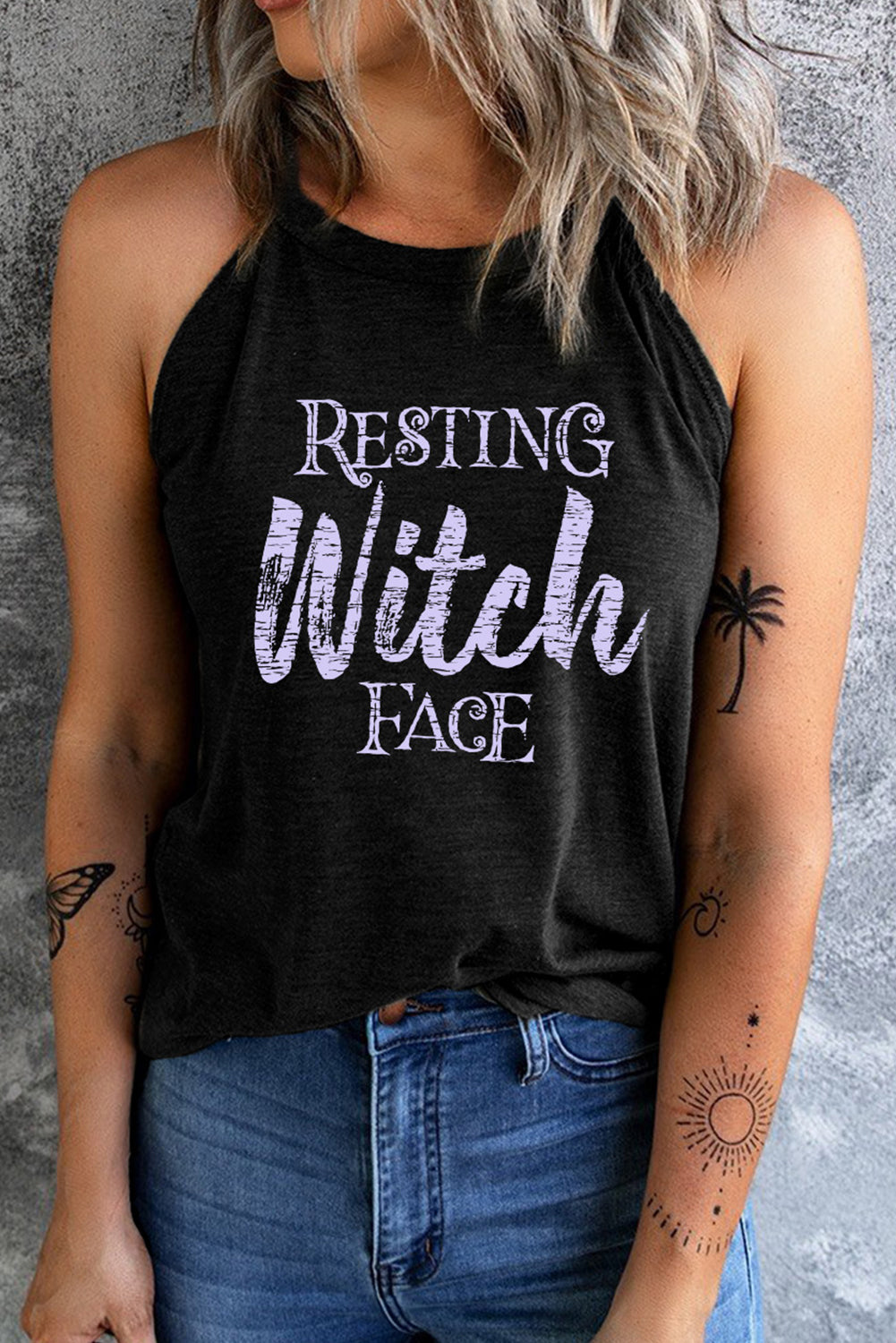 Round Neck RESTING WITCH FACE Graphic Tank Top Black