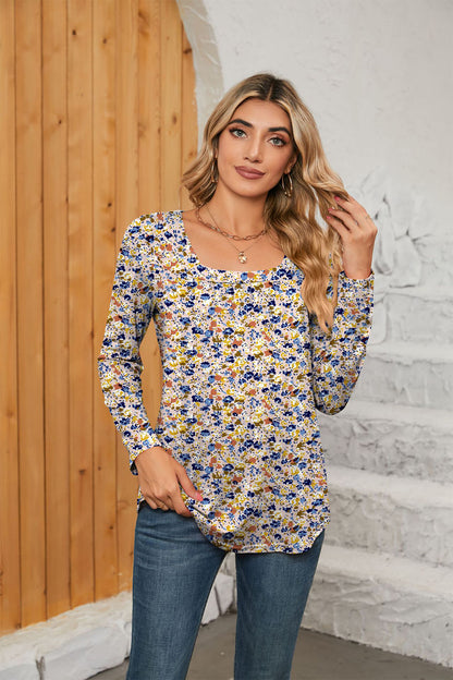 Printed Square Neck Long Sleeve Blouse Floral