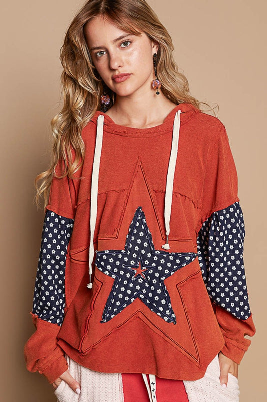 POL Star Patchwork Raw Edge French Terry Hoodie Orange Brick