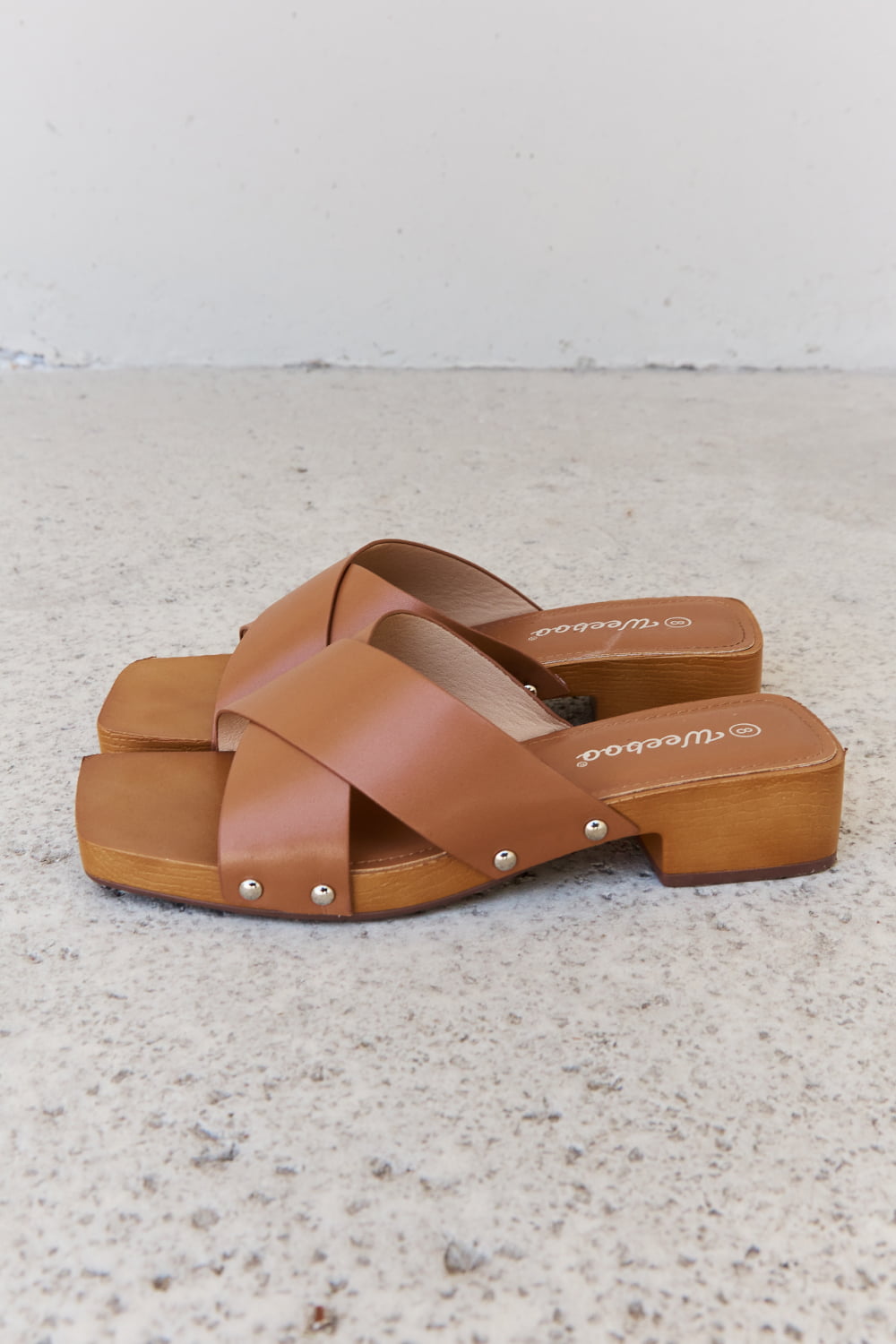 Weeboo Step Into Summer Criss Cross Wooden Clog Mule in Brown - Thandynie