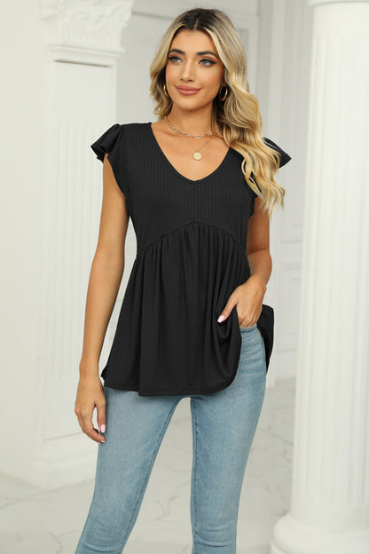 V-Neck Flutter Sleeve Babydoll Blouse Black