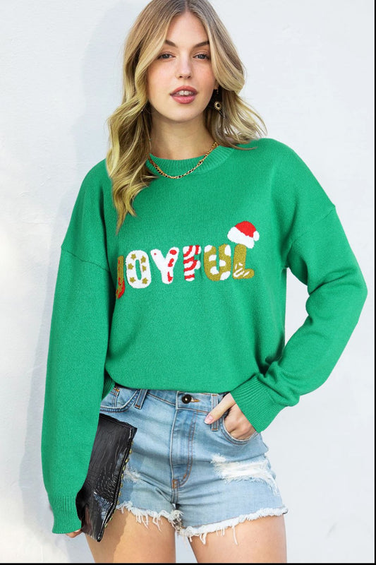 JOYFUL Round Neck Dropped Shoulder Sweater Green