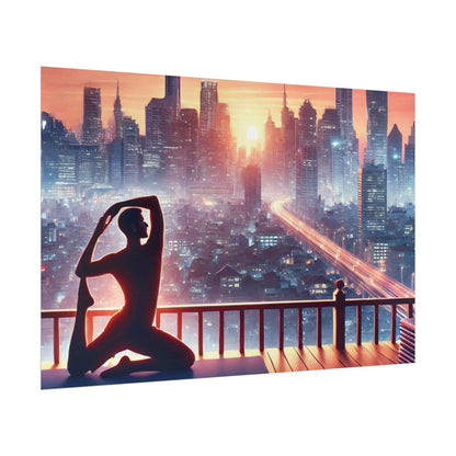 Yoga Poster, Cityscape Sunset Art, Rolled Wall Art, Pink Orange Skyline Decor, Urban Zen Meditation, Rooftop Exercise Print, Relaxation Gift