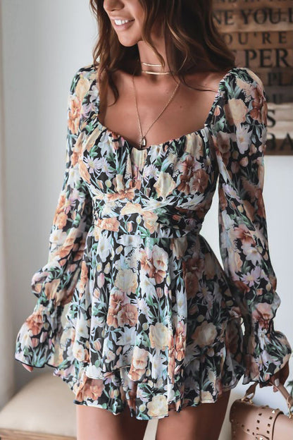 Floral Sweetheart Neck Flounce Sleeve Romper Black