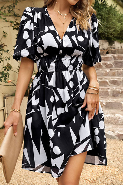 Printed Deep V Puff Sleeve Dress Black