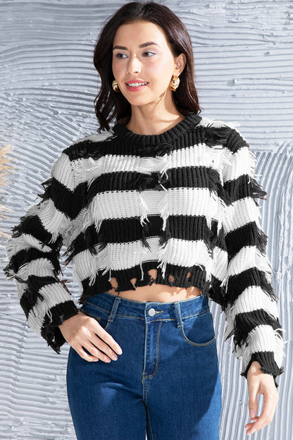 Striped Fringe Round Neck Sweater Black