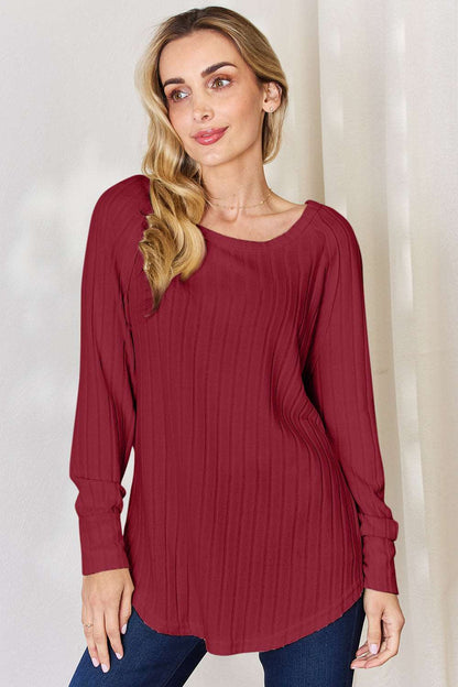 Basic Bae Full Size Ribbed Round Neck Slit T-Shirt Deep Red