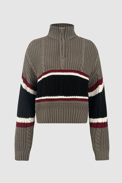 Cable-Knit Striped Quarter Zip Turtleneck Sweater Dark Gray