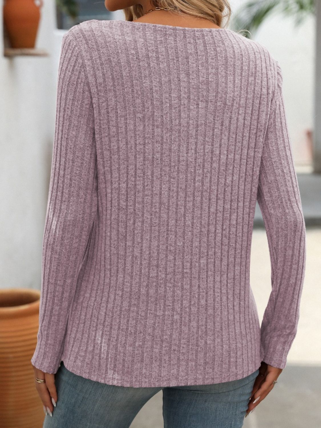 Ribbed V-Neck Long Sleeve T-Shirt