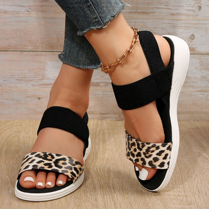 PU Leather Open Toe Low Heel Sandals Leopard