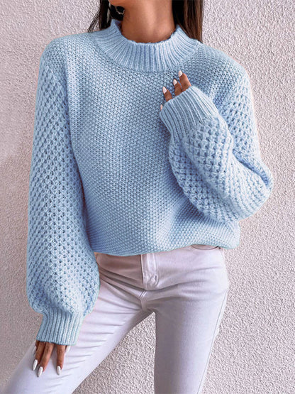 Openwork Mock Neck Long Sleeve Sweater Pastel Blue