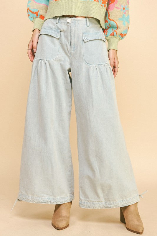 Davi & Dani Drawstring Hem Wide Leg Mid Rise Jeans Light